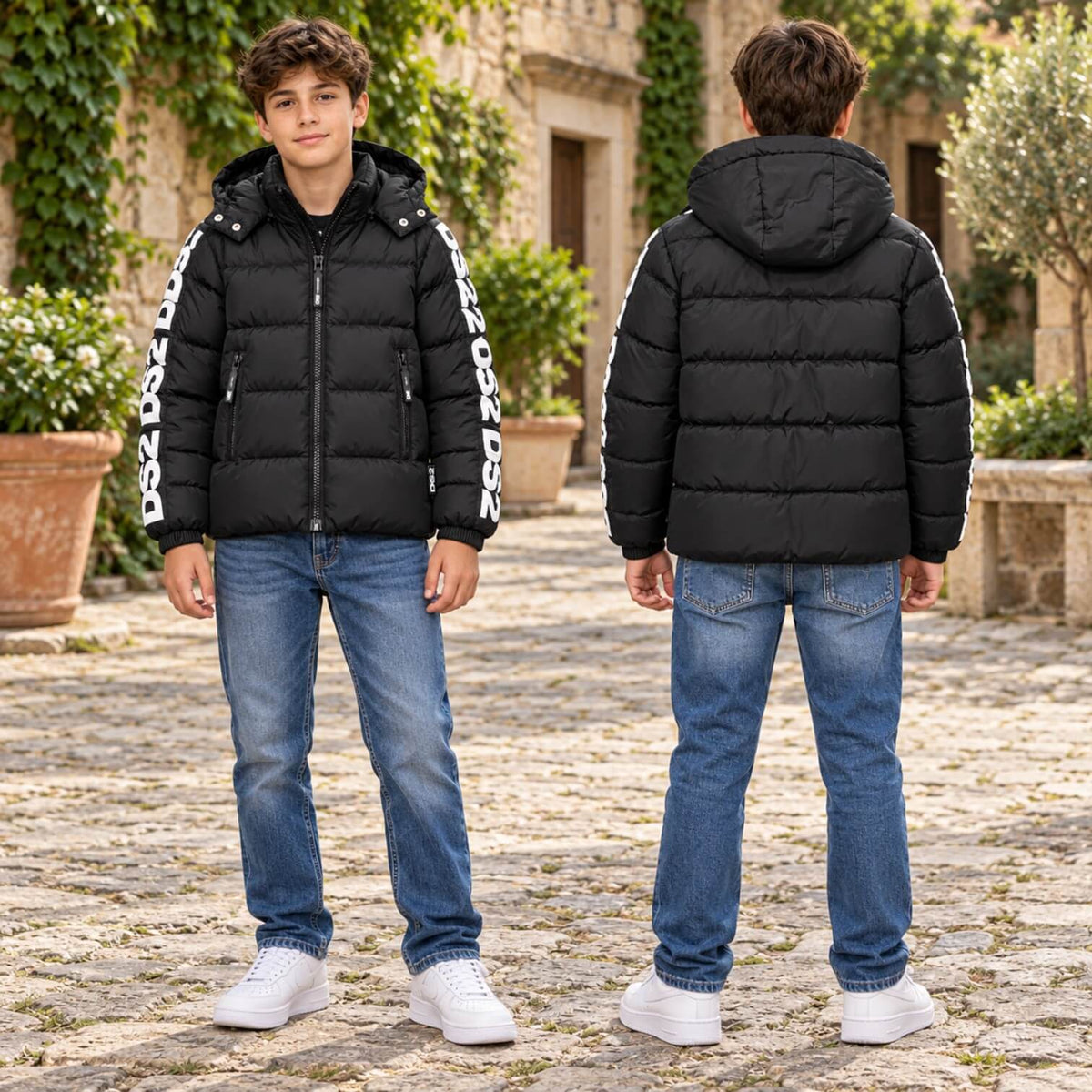 Giubbino DS2 Ragazzo Nero con Cappuccio e Logo Maniche F62K105-02