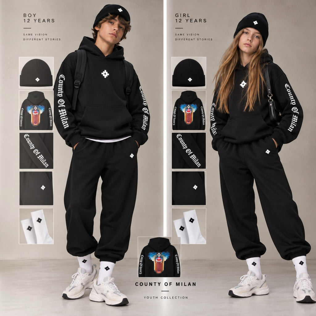 Felpa County of Milan Junior Nera con Cappuccio e Stampa Posteriore