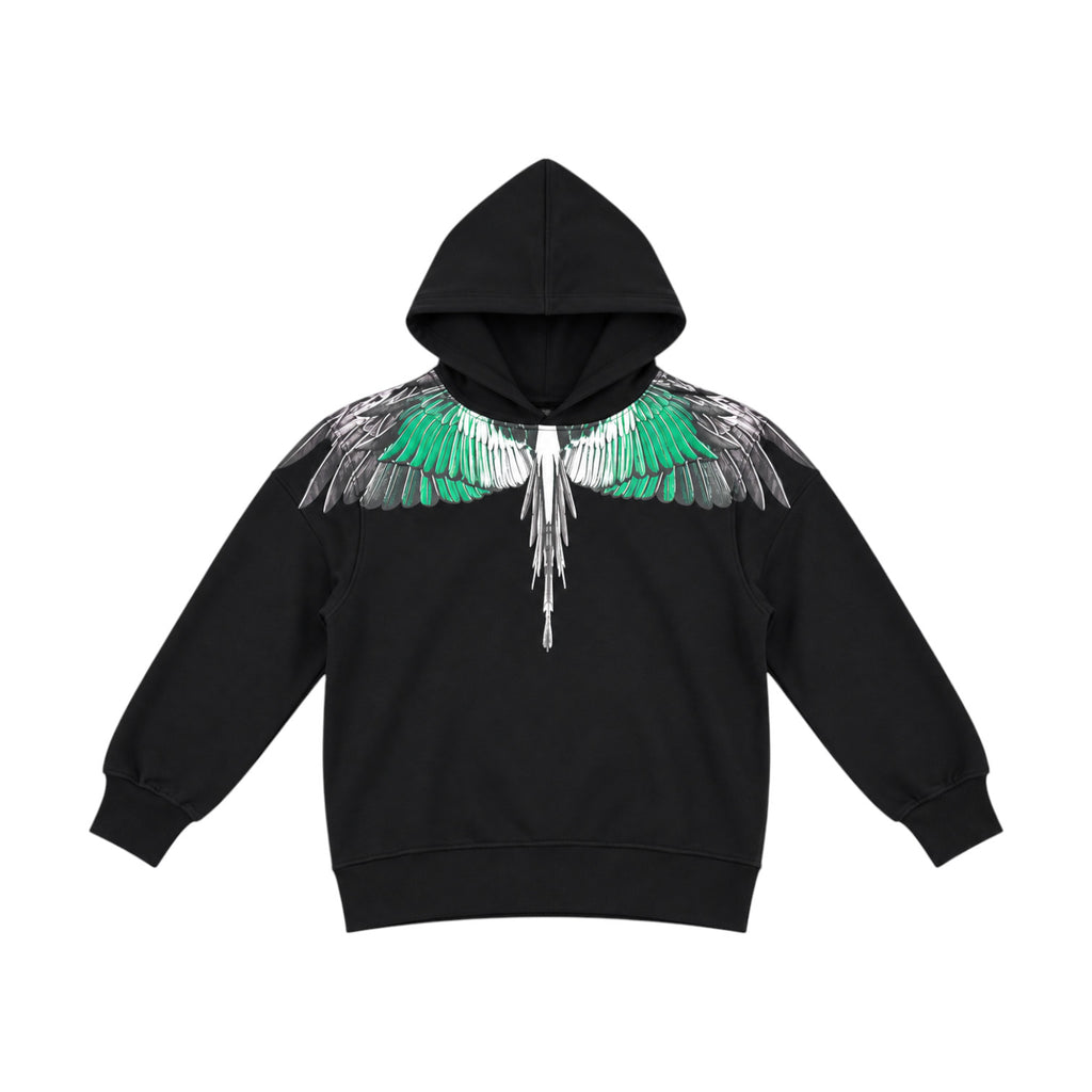 Felpa County of Milan Junior Nera con Cappuccio e Stampa Wings Verde