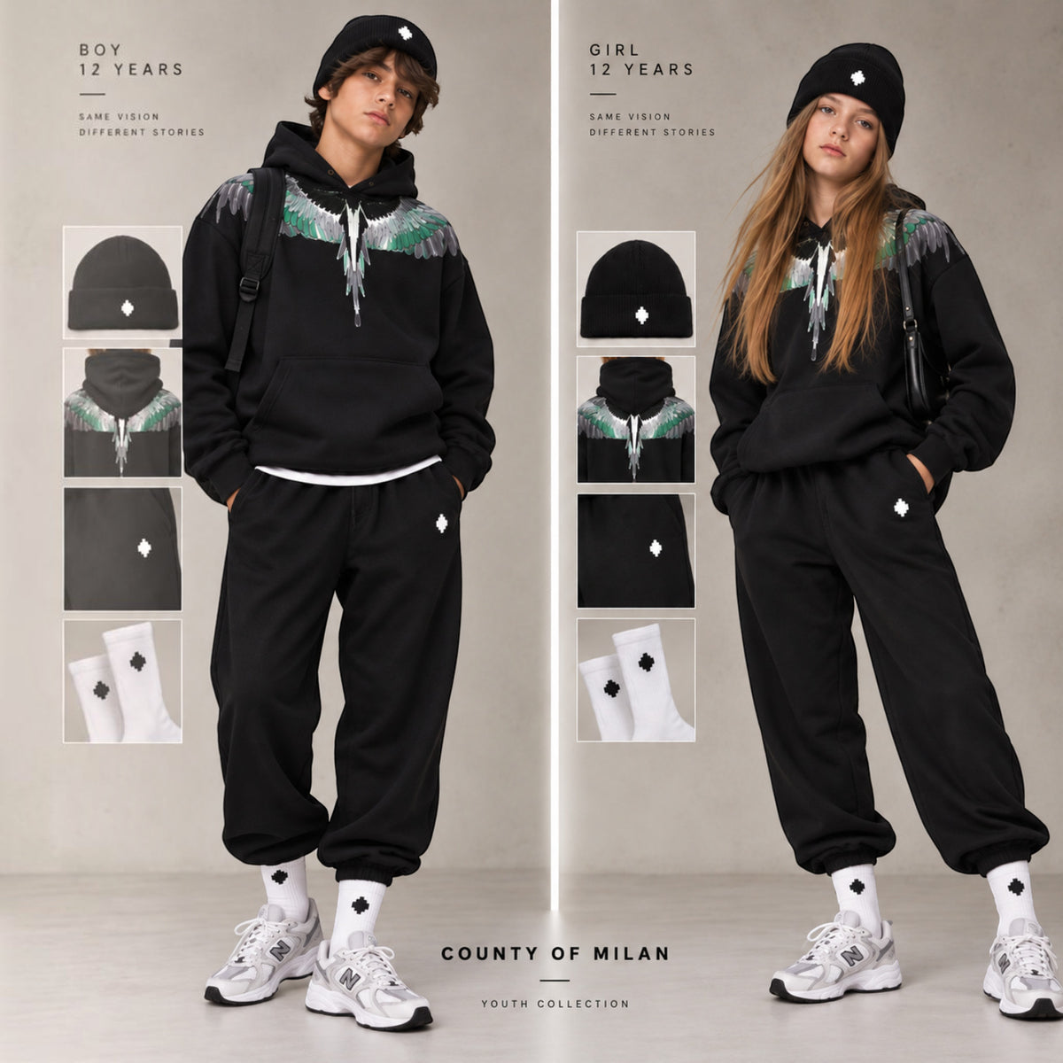 Felpa County of Milan Junior Nera con Cappuccio e Stampa Wings Verde