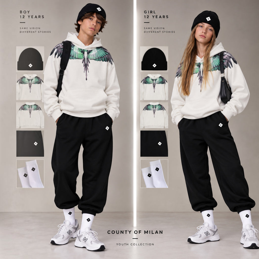 Felpa County of Milan Junior Nera con Cappuccio e Stampa Wings Verde