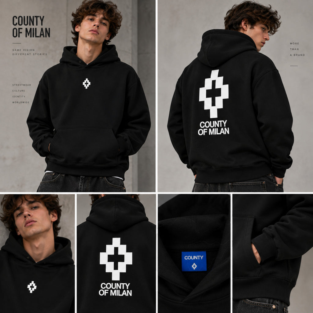 Felpa County of Milan Junior Nera con Cappuccio e Maxi Logo