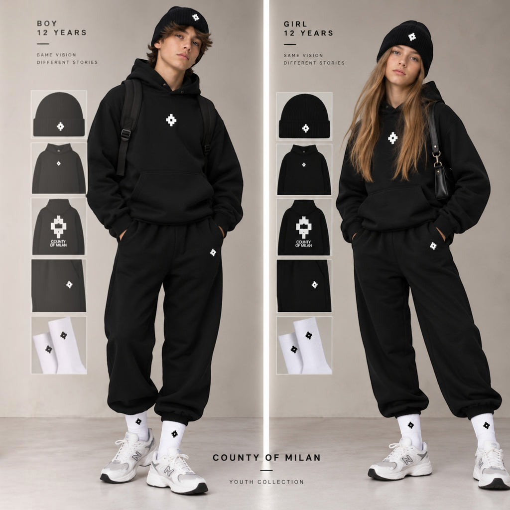 Felpa County of Milan Junior Nera con Cappuccio e Maxi Logo