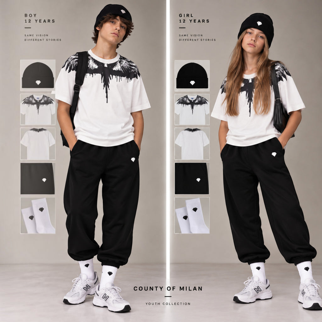 T-Shirt County of Milan Junior Bianca con Stampa Ali Nere