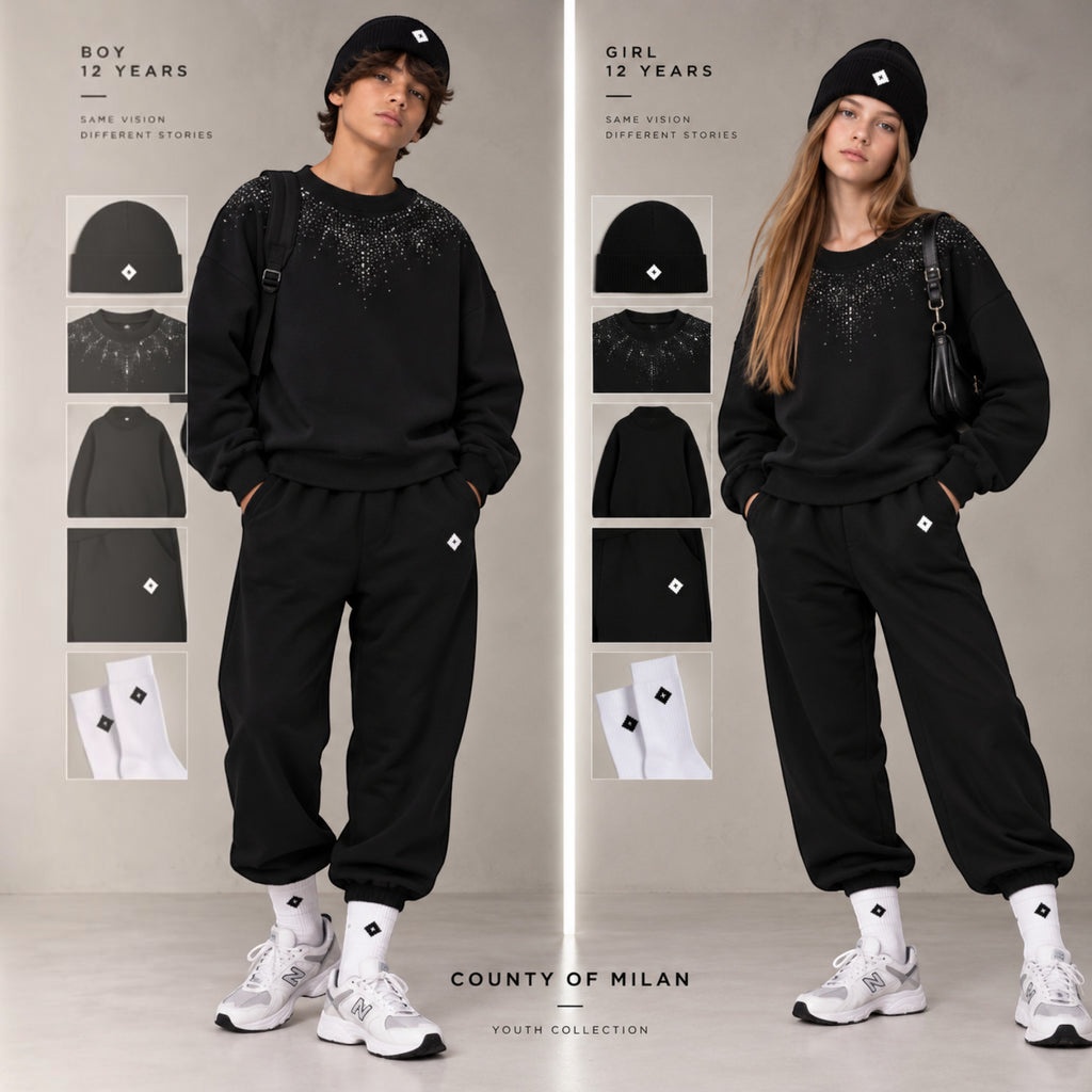 Felpa County of Milan Junior Nera Unisex girocollo con Stampa Tono su Tono