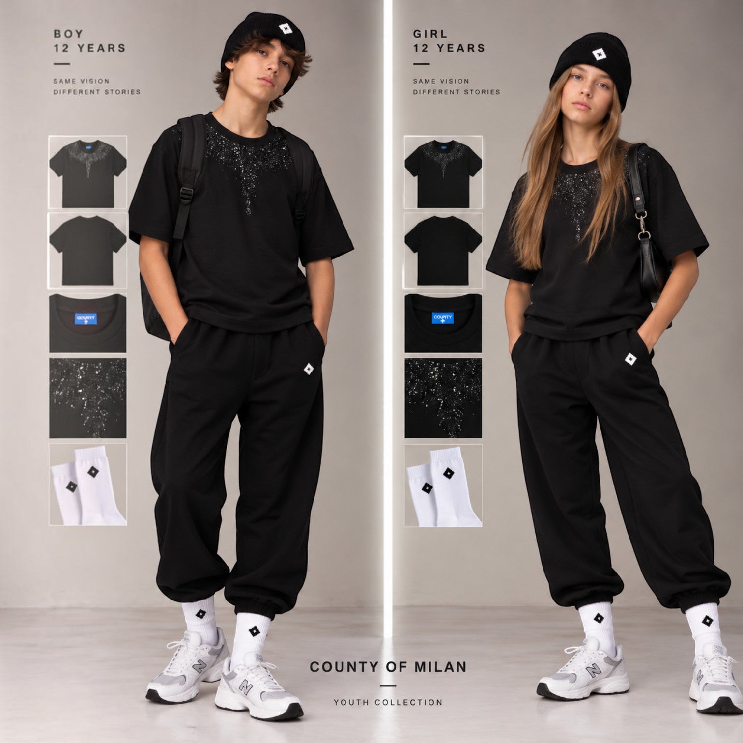 T-shirt County of Milan Junior Nera Unisex con Strass Neri