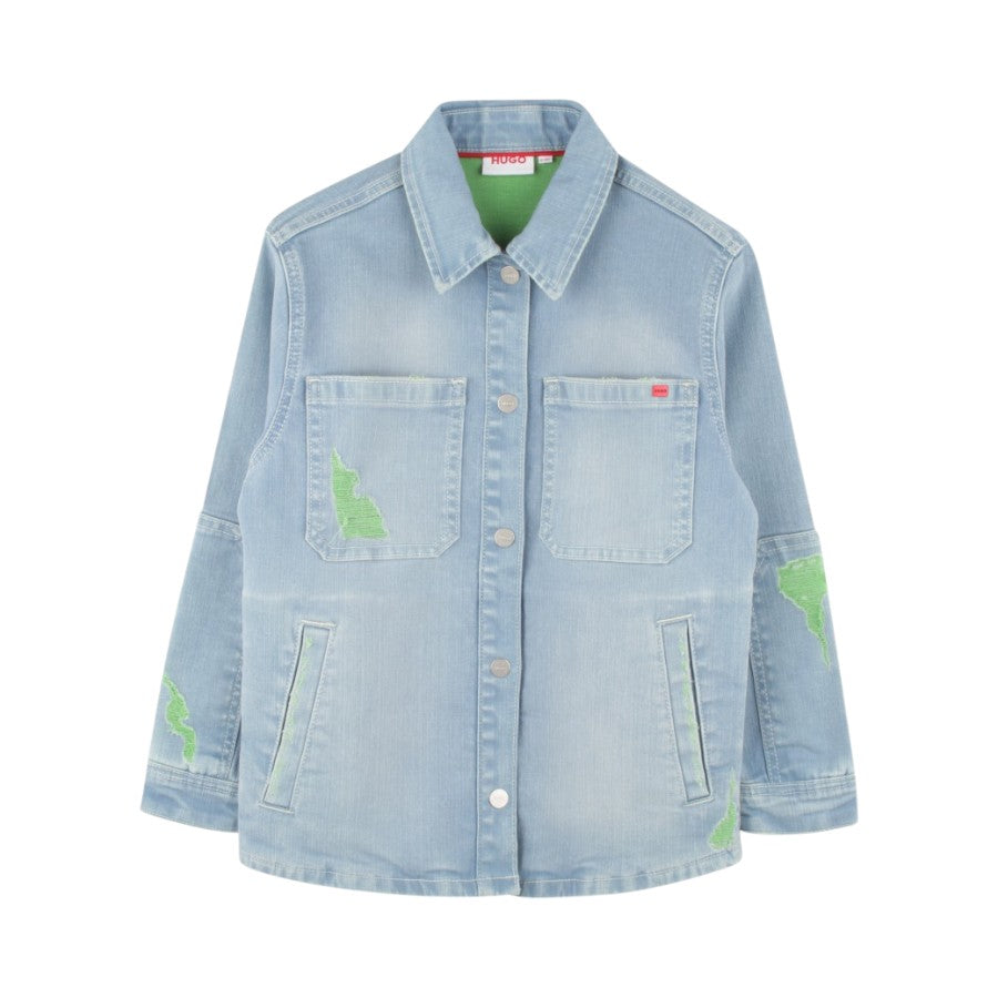 Camicia HUGO Ragazzo in denim con impunture verdi –  G00346