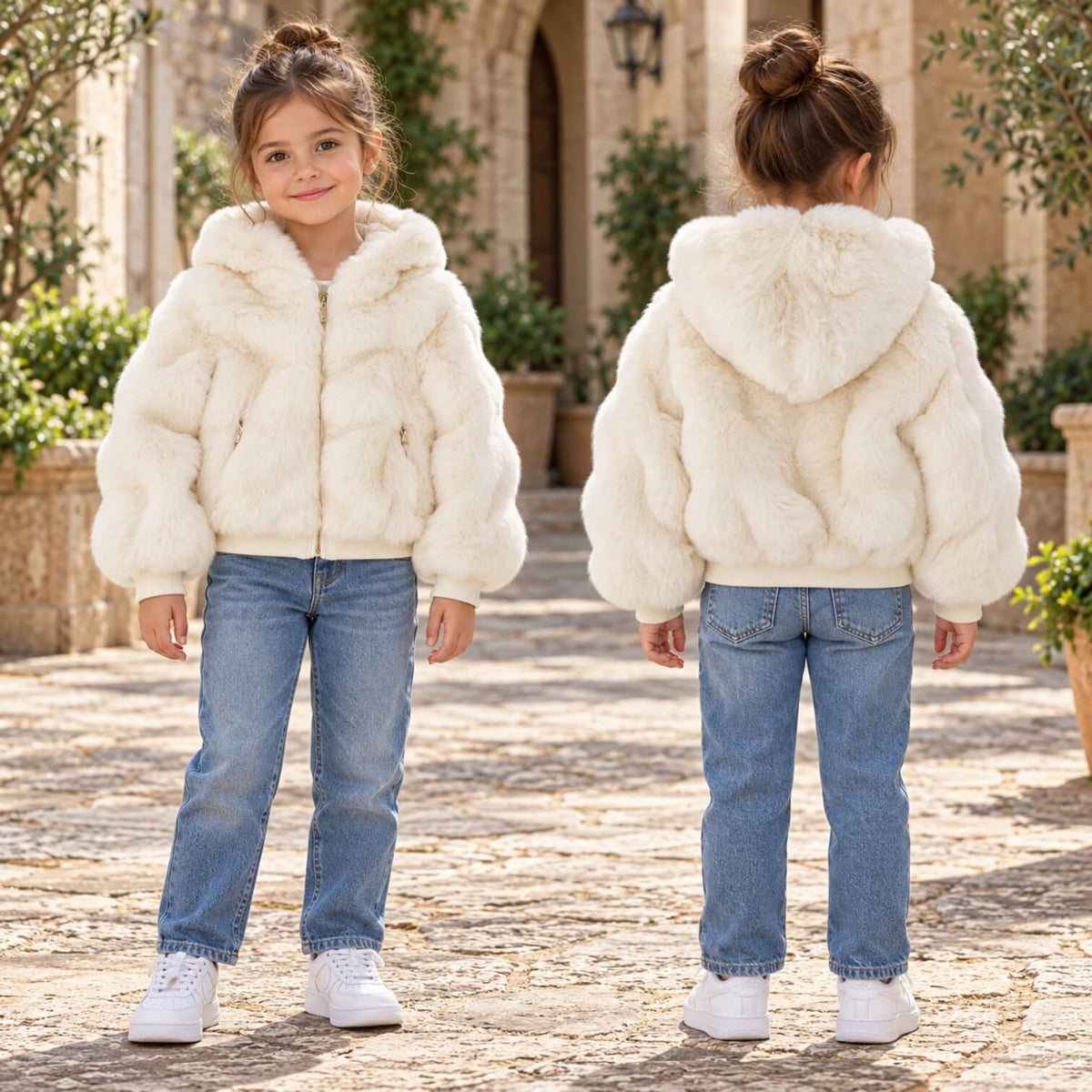 Pelliccia Sarabanda Bambina Off White con Cappuccio H387000112