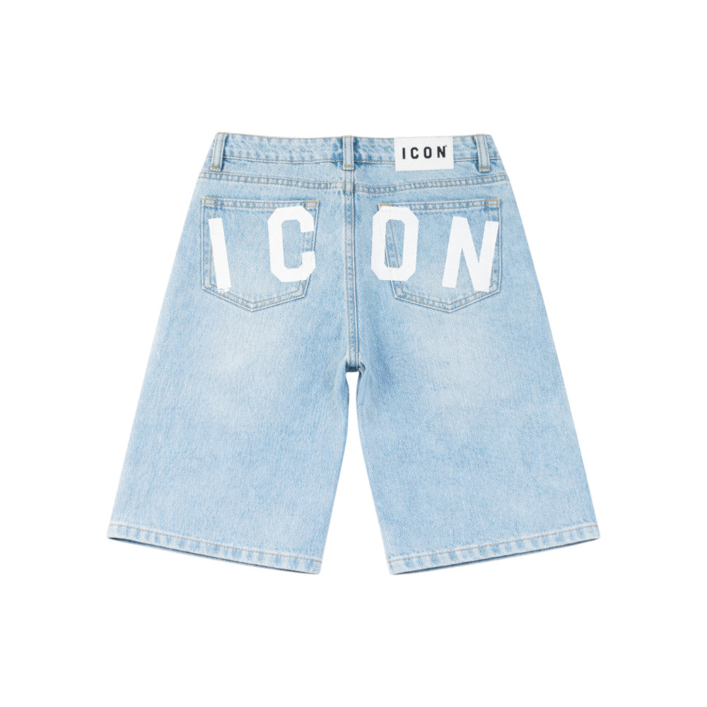 Bermuda ICON Denim chiaro Streetwear con Dettaglio Logo IBDS0010441
