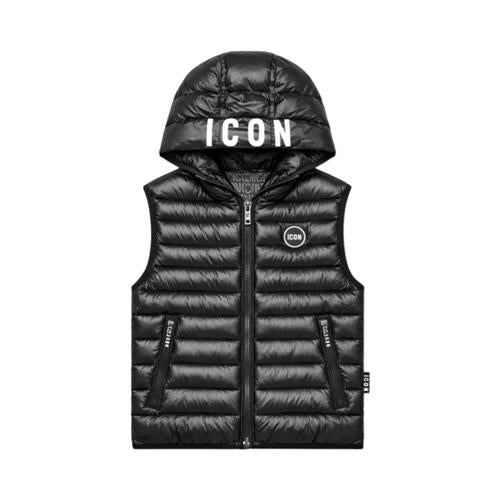 Gilet ICON bambino nero trapuntato con cappuccio logato – stile streetwear