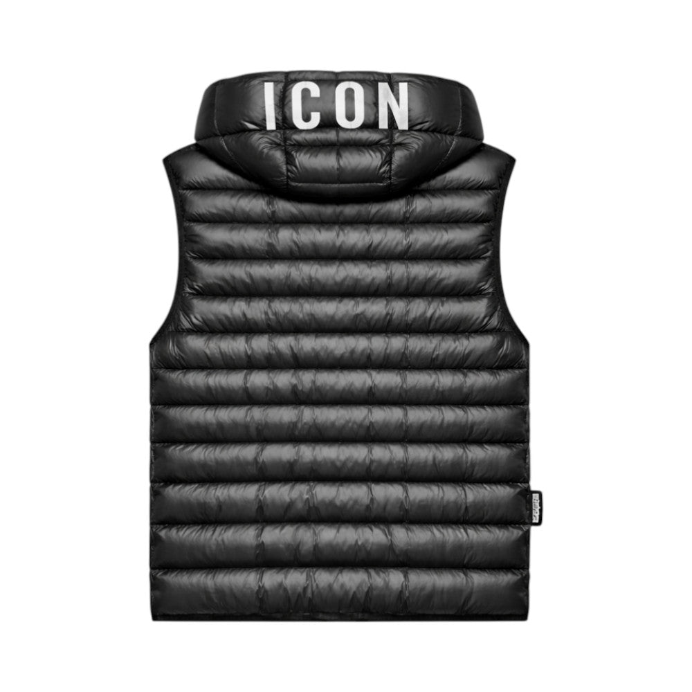 Gilet ICON bambino nero trapuntato con cappuccio logato – stile streetwear