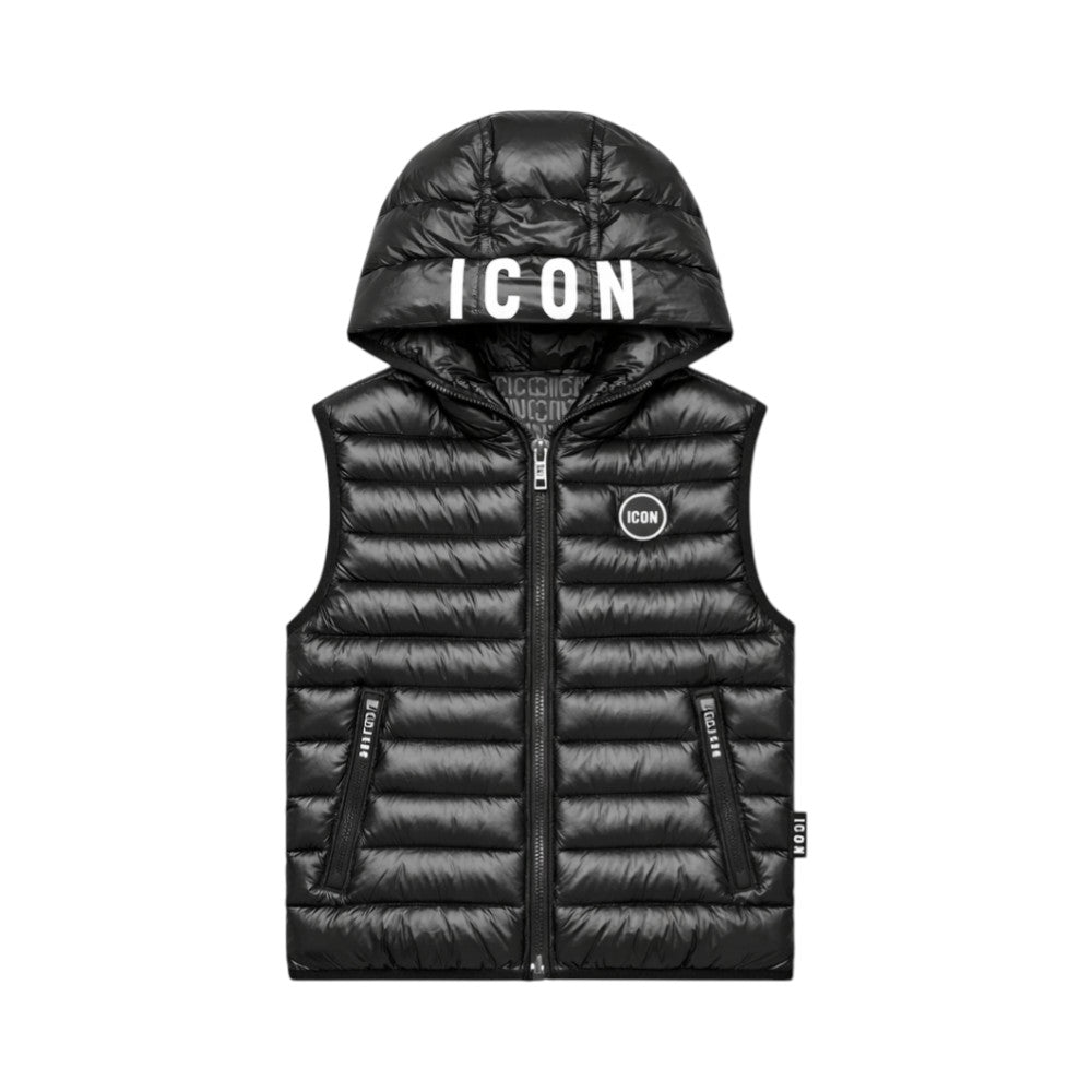 Gilet ICON bambino nero trapuntato con cappuccio logato – stile streetwear