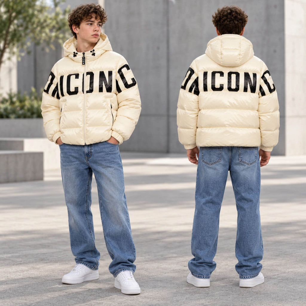 Giubbino ICON Ragazzo Ivory con Cappuccio, Maxi Logo e Bretelle Interne IBJK001315-2004
