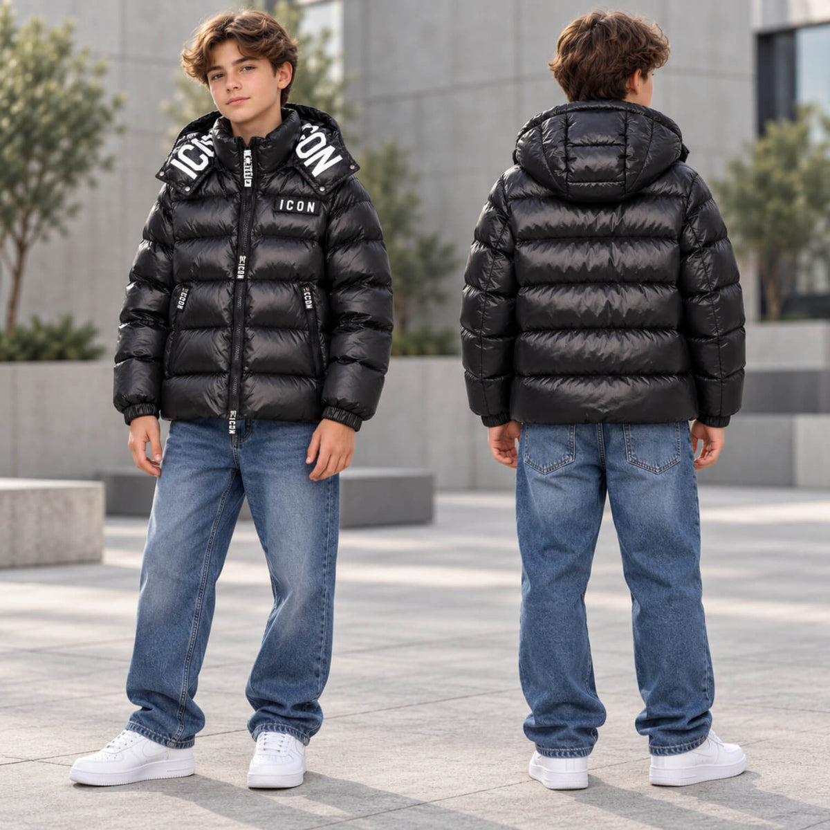 Giubbino ICON Ragazzo Nero con Cappuccio e Logo IBJK001319-9000