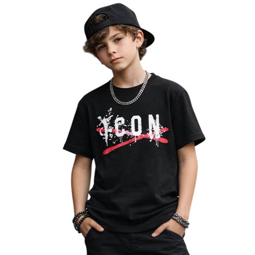 T-shirt ICON bambino nera con logo grafico frontale – stile streetwear IBKS001004