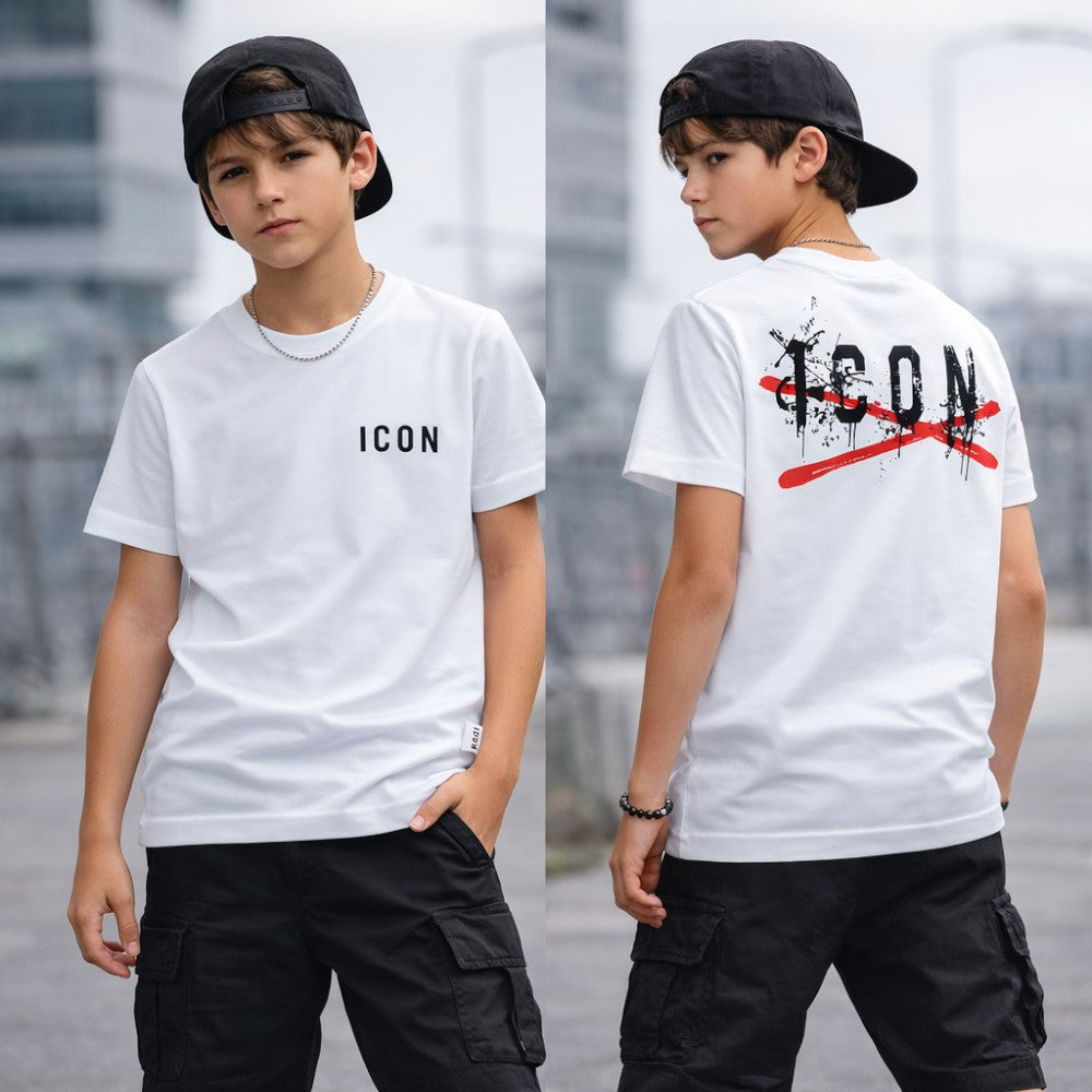 T-shirt ICON bambino bianca con logo front e stampa posteriore – stile streetwear