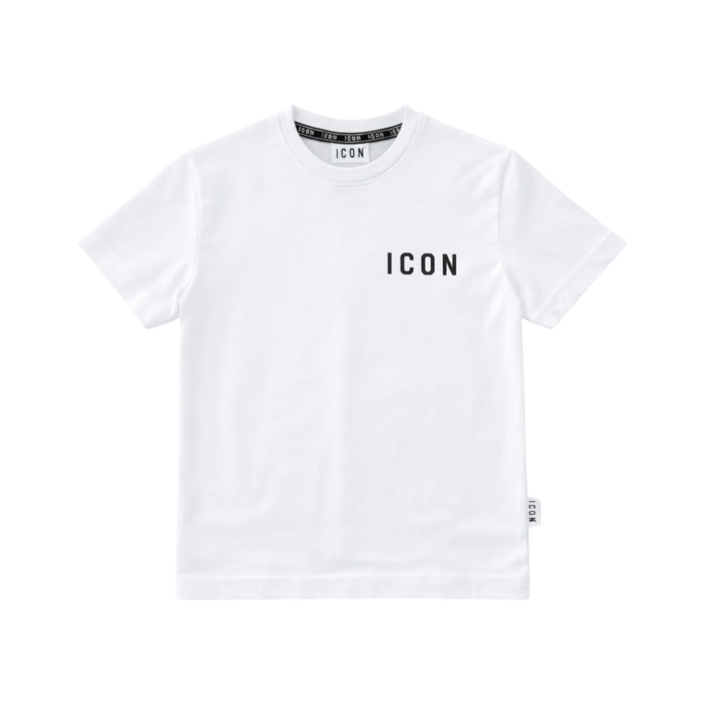 T-shirt ICON bambino bianca con logo front e stampa posteriore – stile streetwear