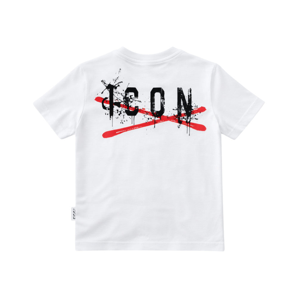 T-shirt ICON bambino bianca con logo front e stampa posteriore – stile streetwear