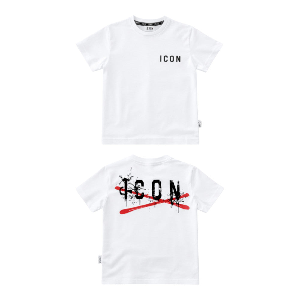 T-shirt ICON bambino bianca con logo front e stampa posteriore – stile streetwear