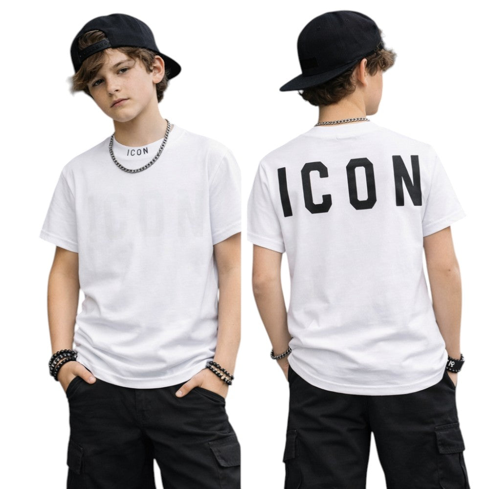 T-shirt ICON bambino bianca con logo posteriore maxi – stile streetwear IBKS001090
