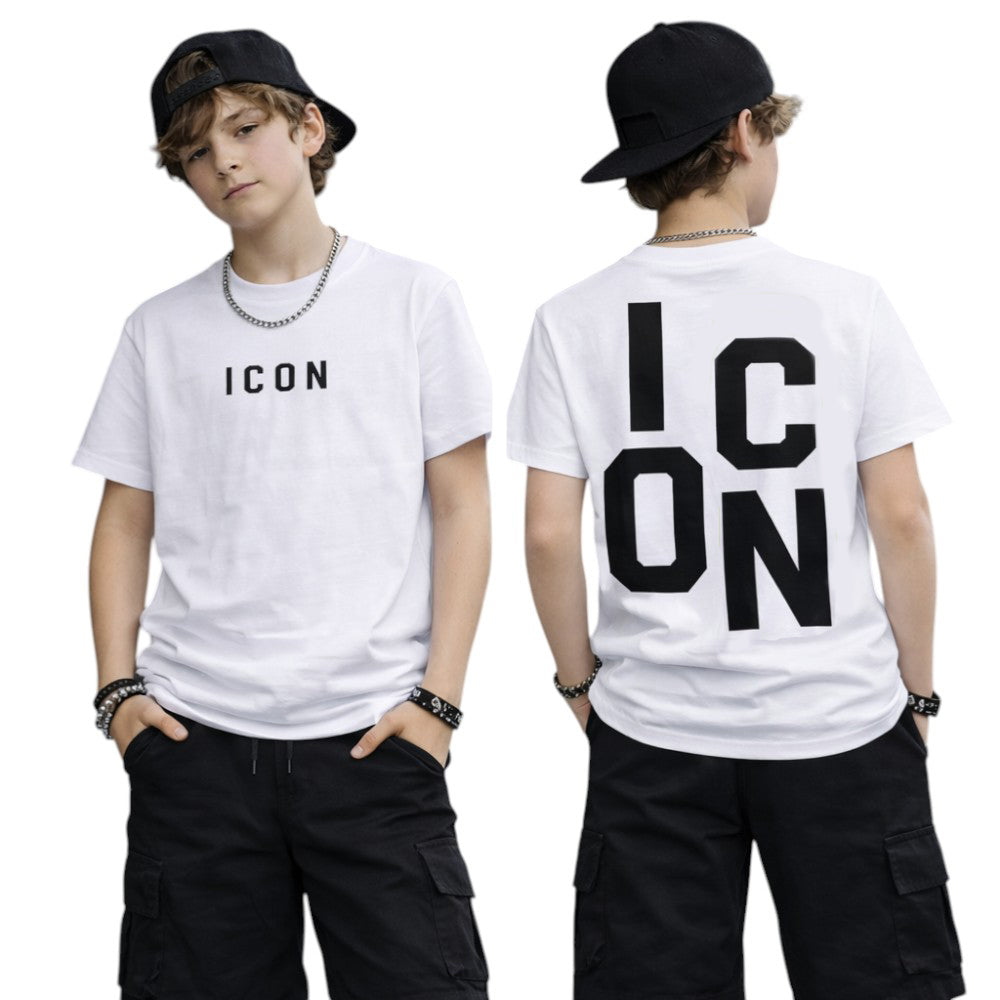 T-shirt ICON bambino bianca con logo front e maxi stampa verticale posteriore – streetwear IBKS001091