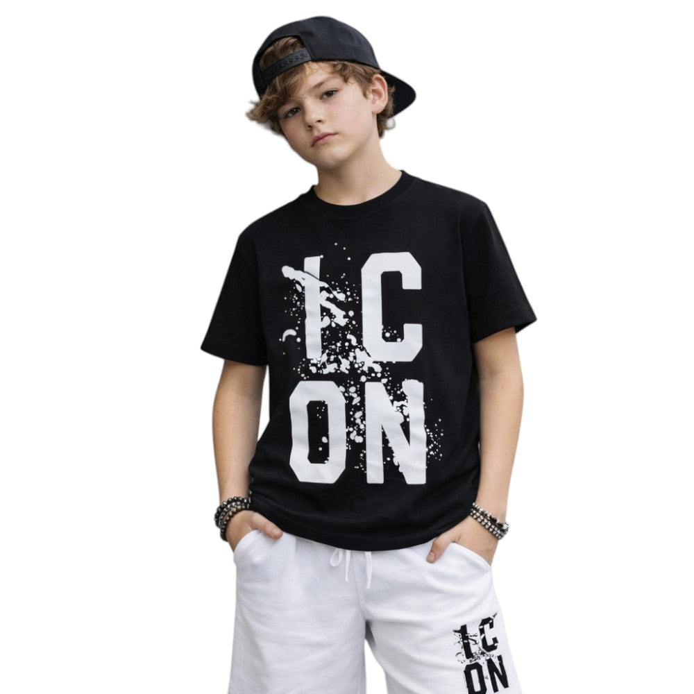T-shirt ICON bambino nera con maxi logo grafico – stile streetwear IBKS001119