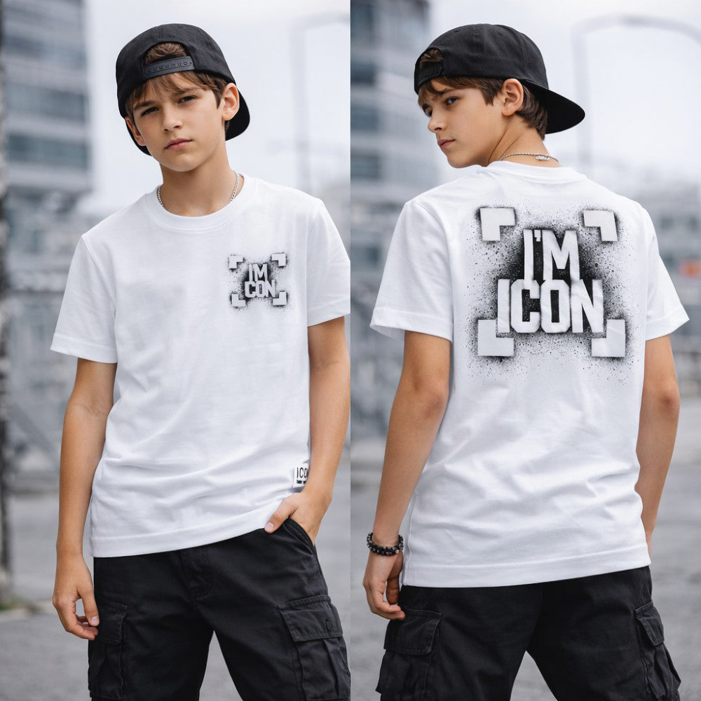 T-shirt ICON bambino bianca con stampa “I’M ICON” posteriore – stile streetwear IBKS001211
