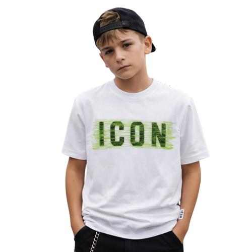 T-shirt ICON bambino bianca con logo verde frontale – stile streetwear IBKS001259