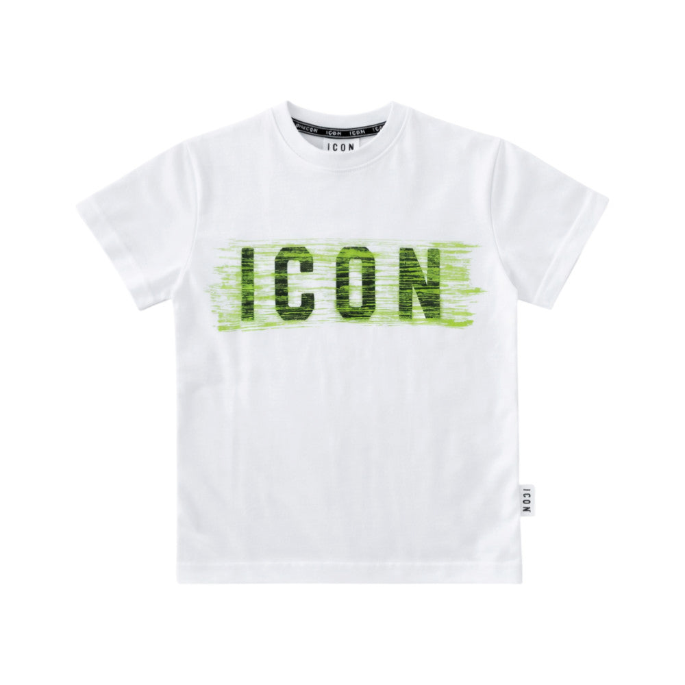 T-shirt ICON bambino bianca con logo verde frontale – stile streetwear IBKS001259