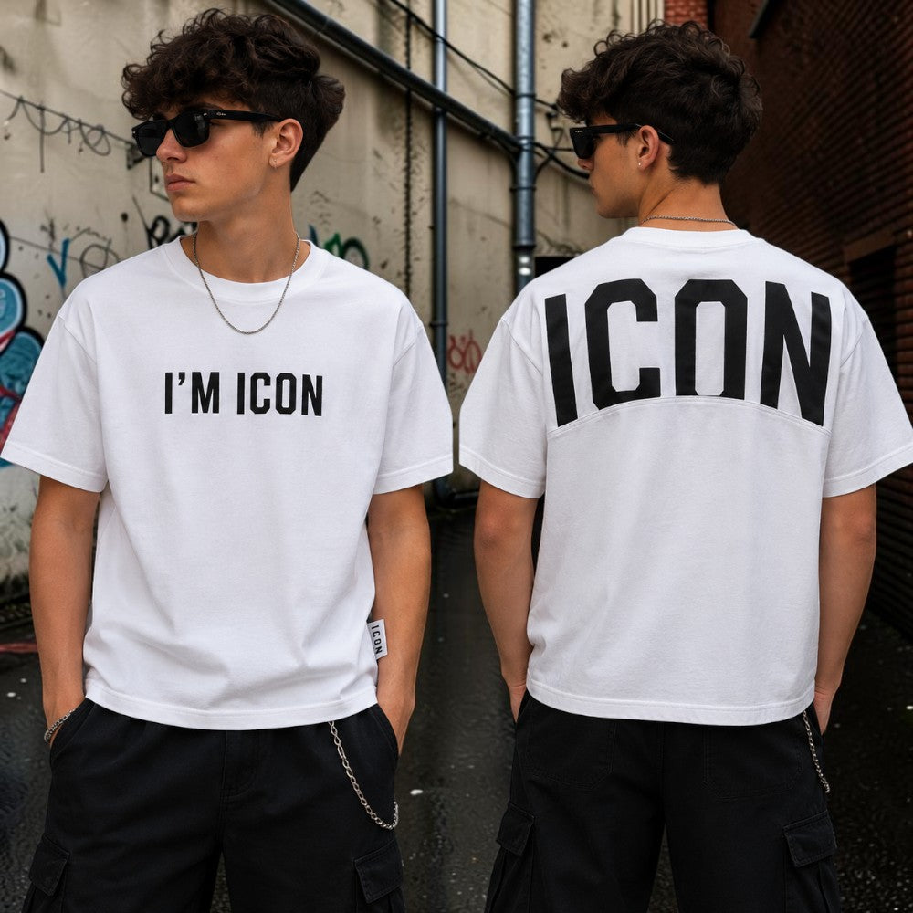 ICON T-shirt ragazzo panna “I’M ICON” con maxi logo posteriore – IBKS001446-1001