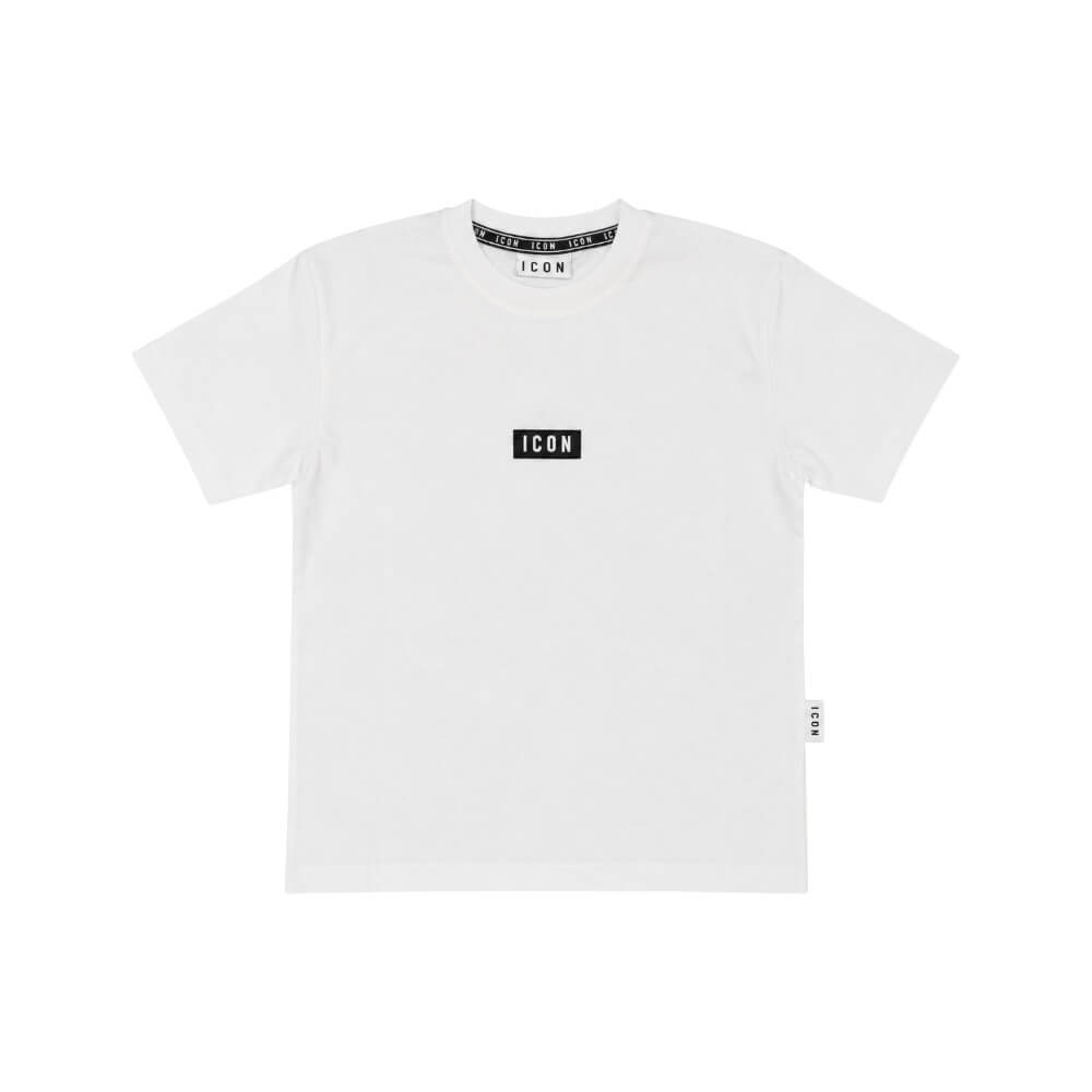 ICON T-shirt ragazzo panna con placca logo e stampa posteriore – IBKS001454-1001