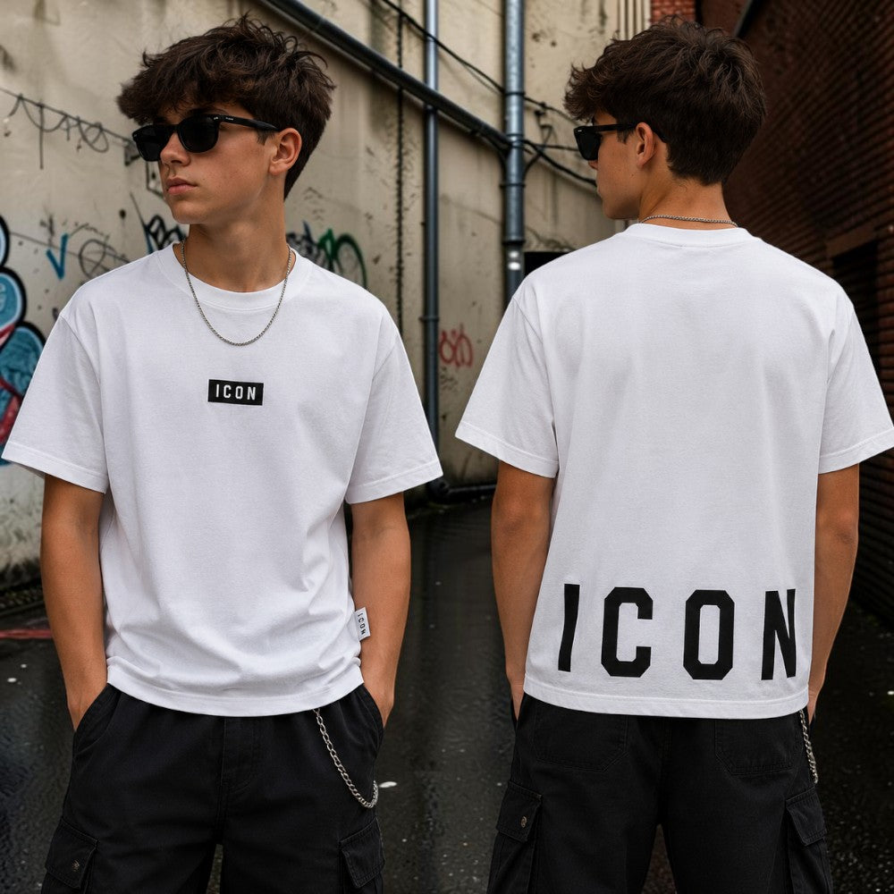 ICON T-shirt ragazzo panna con placca logo e stampa posteriore – IBKS001454-1001