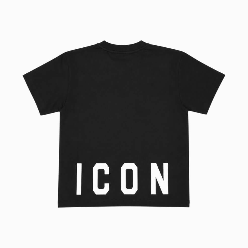 ICON T-shirt ragazzo nera con placca logo e stampa posteriore – IBKS001454-9000