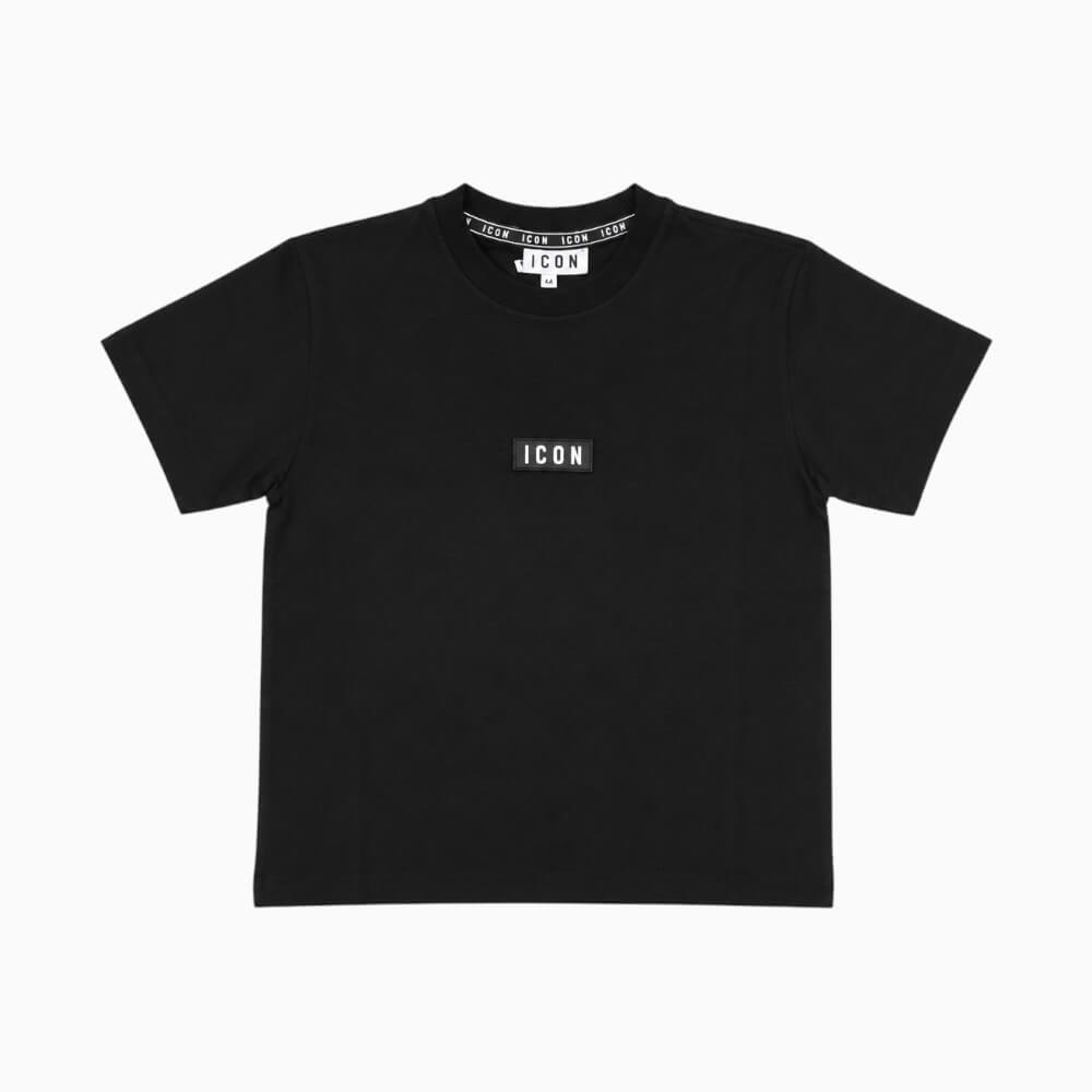 ICON T-shirt ragazzo nera con placca logo e stampa posteriore – IBKS001454-9000