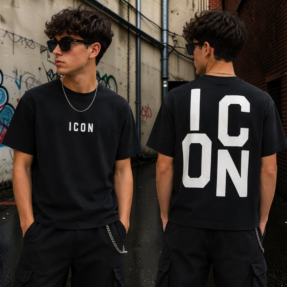 ICON T-shirt ragazzo nera con logo frontale e maxi logo posteriore – IBKS001480-9000