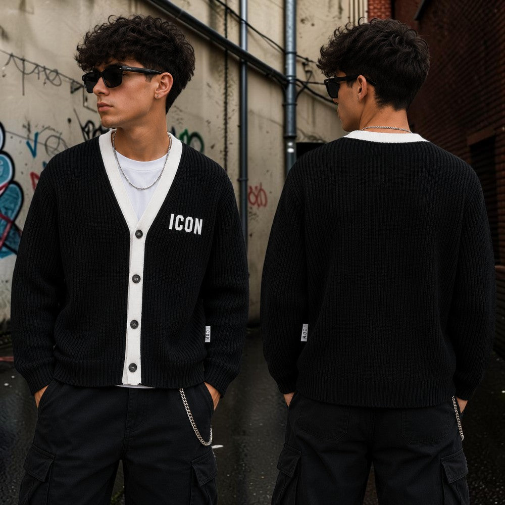 ICON cardigan ragazzo e ragazza nero con bordi panna – IBSM001449-9000