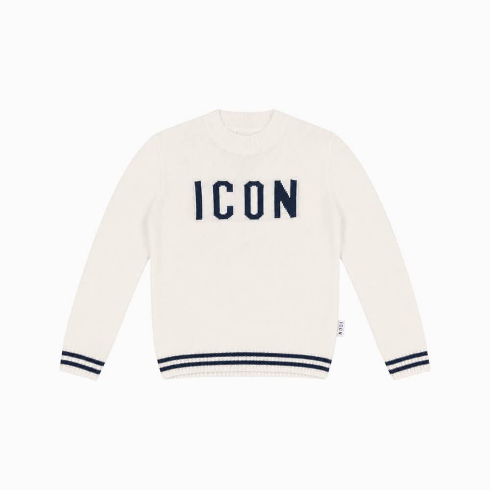 ICON maglioncino ragazzo panna con maxi logo e bordi a righe – IBSM001451-1001