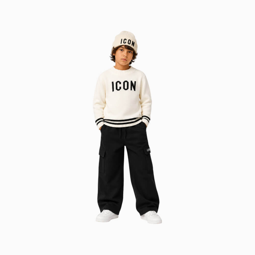 ICON maglioncino ragazzo panna con maxi logo e bordi a righe – IBSM001451-1001