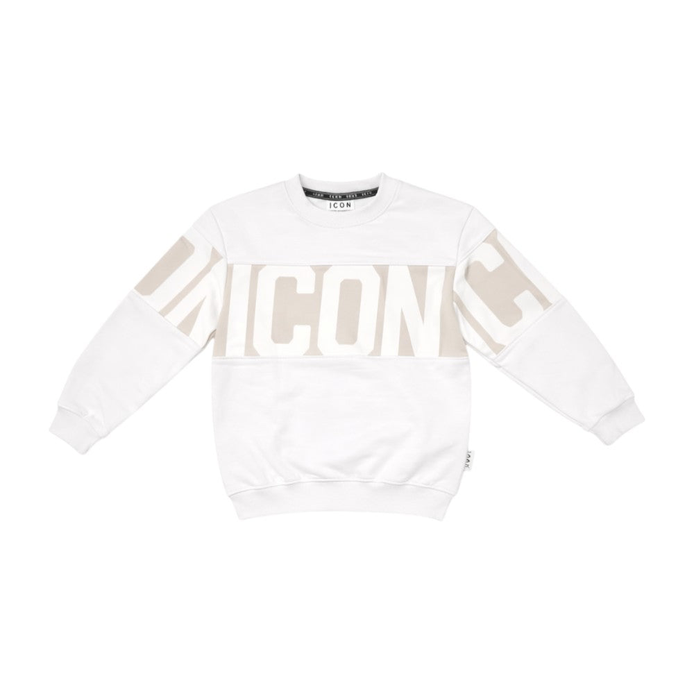 Felpa ICON bambino bianca con fascia ghiaccio maxi logo – outfit streetwear coordinato IBSW001068