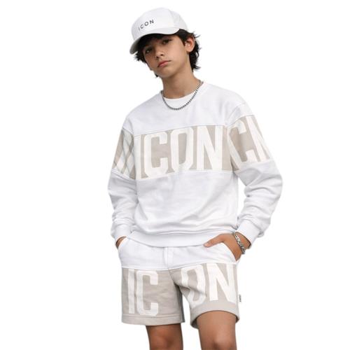 Felpa ICON bambino bianca con fascia ghiaccio maxi logo – outfit streetwear coordinato IBSW001068