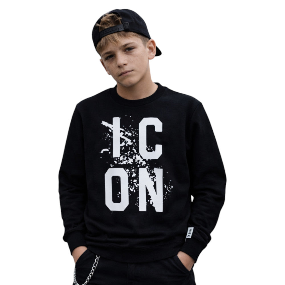 Felpa ICON bambino nera con stampa grafica frontale – sweatshirt streetwear effetto strong IBSW001117