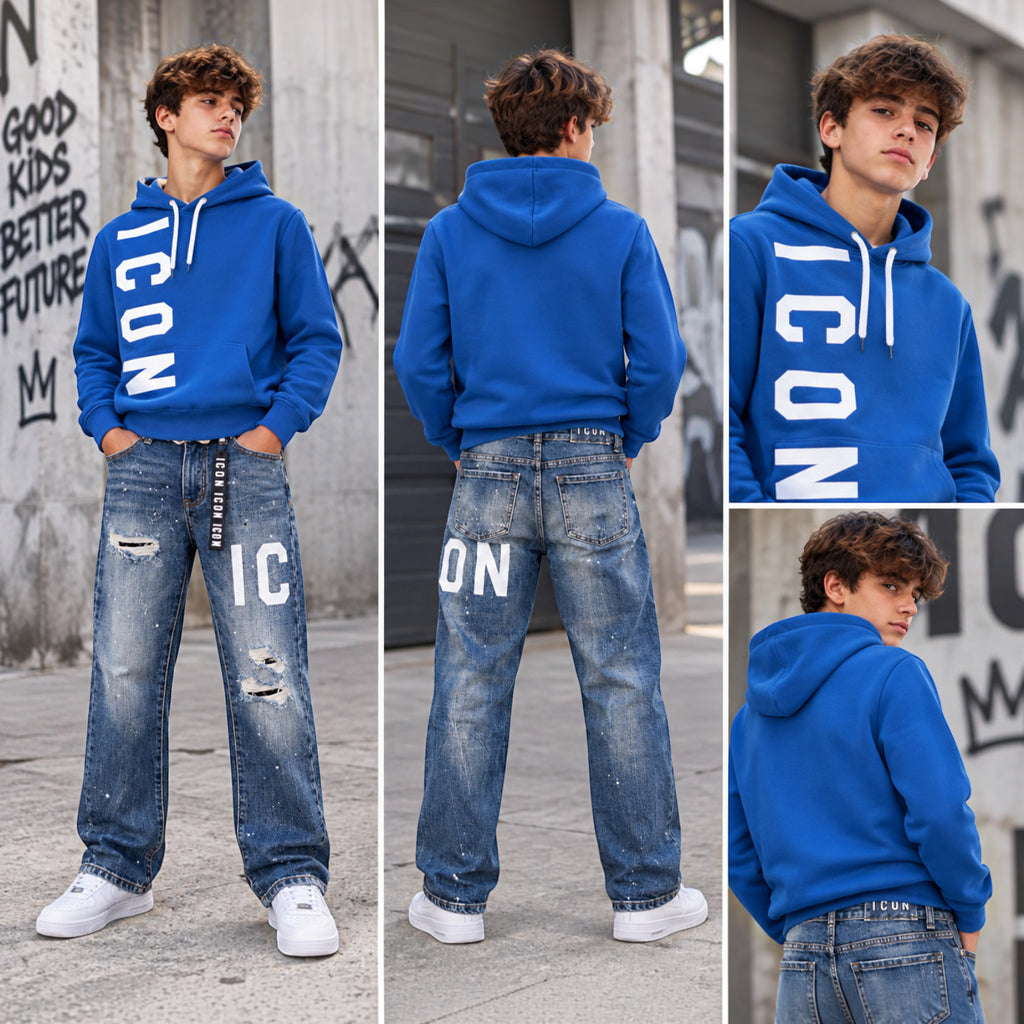 Felpa ICON Ragazzo Copiativo con Cappuccio e Logo Verticale