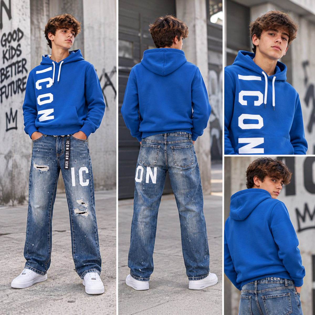 Felpa ICON Ragazzo Copiativo con Cappuccio e Logo Verticale