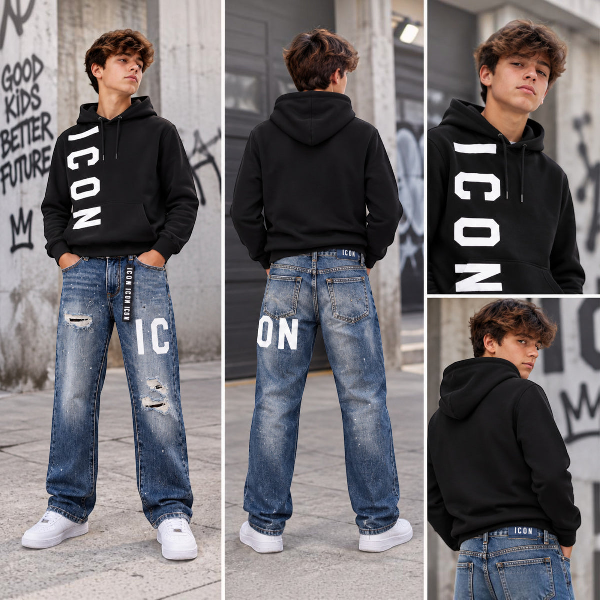 Felpa ICON Ragazzo Copiativo con Cappuccio e Logo Verticale