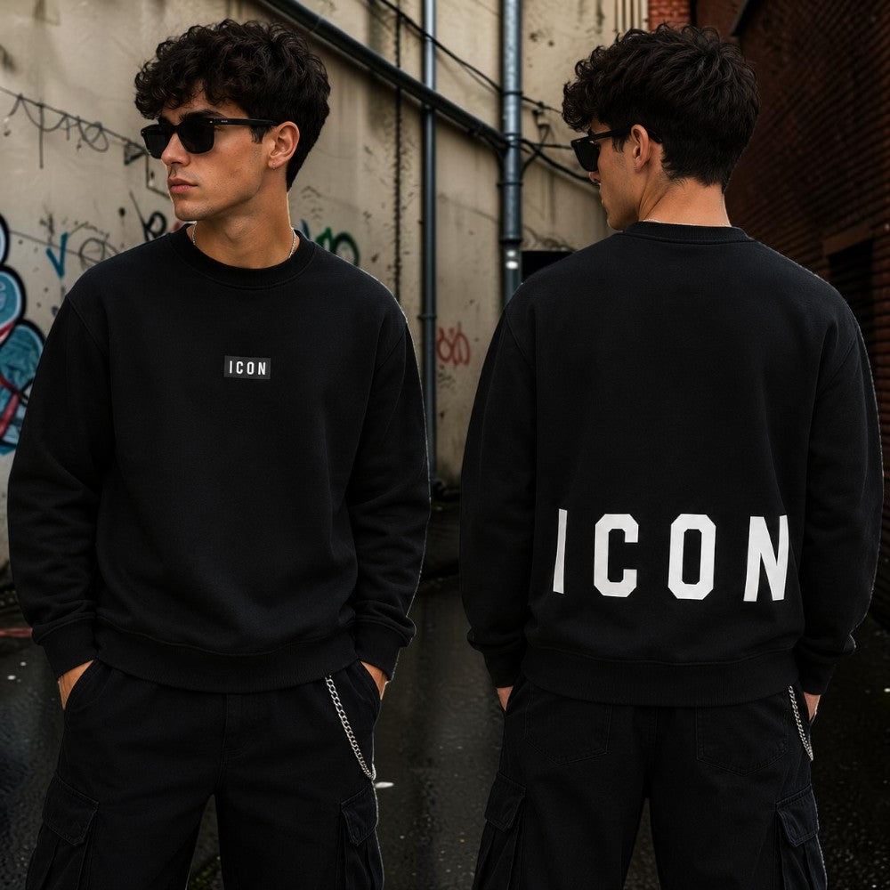 ICON felpa ragazzo nera con placca logo e maxi logo posteriore – IBSW001452-9000