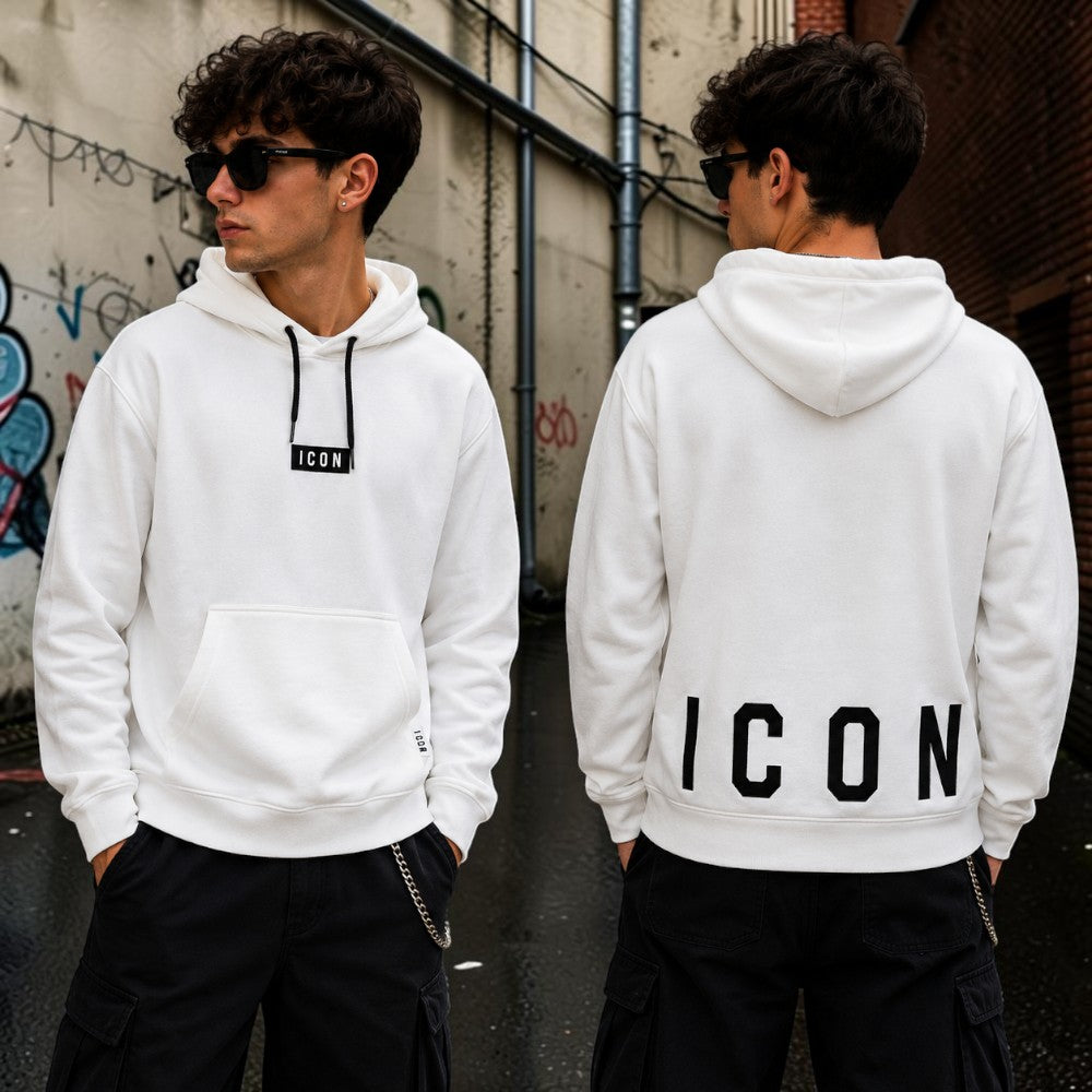 ICON felpa ragazzo panna con cappuccio, placca logo e maxi logo posteriore – IBSW001453-1001