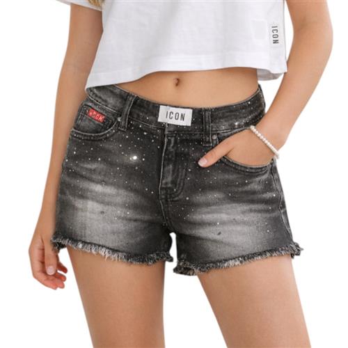 Short ICON ragazza denim nero effetto slavato con sfrangiature – pantaloncino jeans fashion IGDS001061