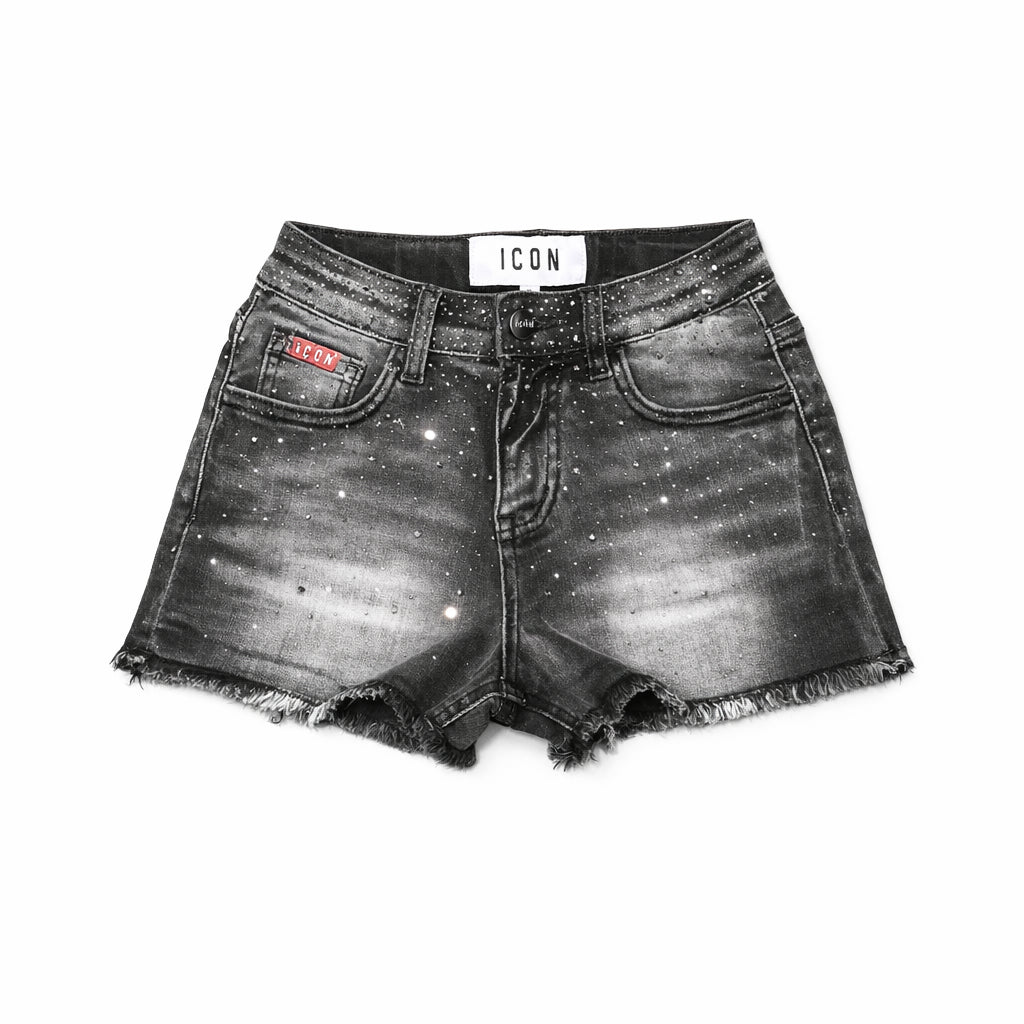 Short ICON ragazza denim nero effetto slavato con sfrangiature – pantaloncino jeans fashion IGDS001061