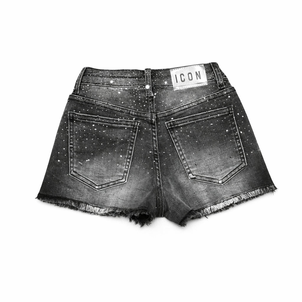 Short ICON ragazza denim nero effetto slavato con sfrangiature – pantaloncino jeans fashion IGDS001061