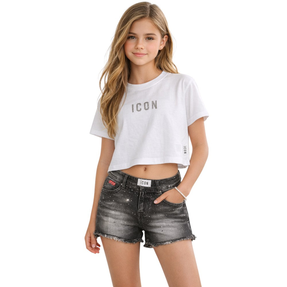 Short ICON ragazza denim nero effetto slavato con sfrangiature – pantaloncino jeans fashion IGDS001061